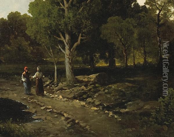 Two Figures On A Path In A Wooded Landscape Oil Painting - Leon Germain Pelouse