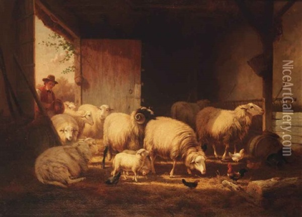 A Shephard And His Stock In A Barnyard Oil Painting - Cornelis van Leemputten
