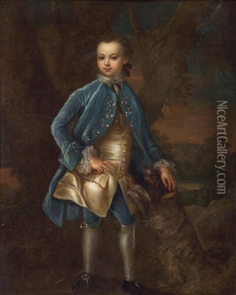 A Portrait Of A Young Boy, In A Blue Coat And Blue Breeches, Holding His Hat Oil Painting - Joseph Highmore