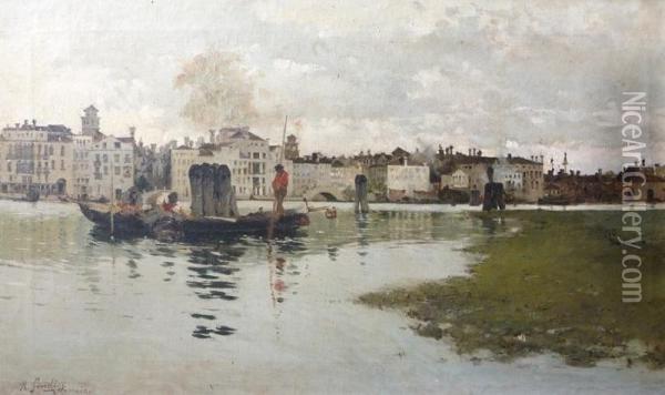 Gondoleros En Venecia Oil Painting - Rinaldo Giudici