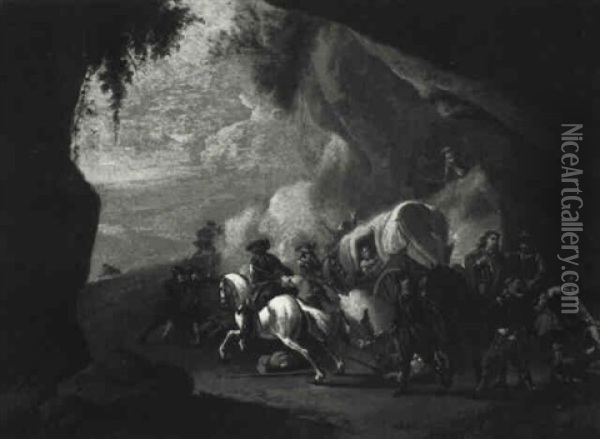 Bandits Attacking A Caravan Oil Painting - Jan van Huchtenburg