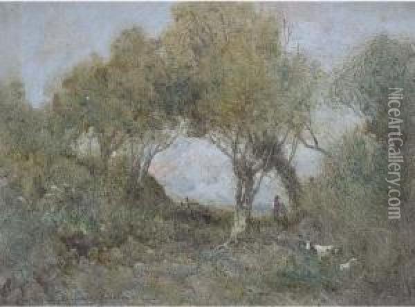 A Goatherder In A Wooded Landscape Oil Painting - Oswald Garside
