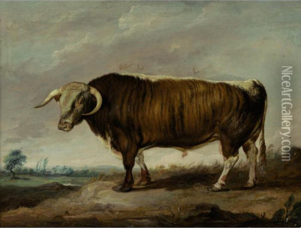 Longhorn Bull, Sire Of The Bull Croxall Oil Painting - James Ward