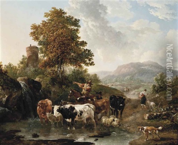 A River Landscape With A Drover And His Herd Oil Painting - J. de Koenick