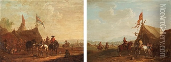 Field Camp With Troops (pair) Oil Painting - Robert van den Hoecke