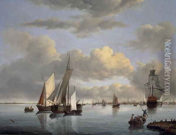 Shipping on the Ijsselmeer with Amsterdam in the distance Oil Painting - Jan Wubbels