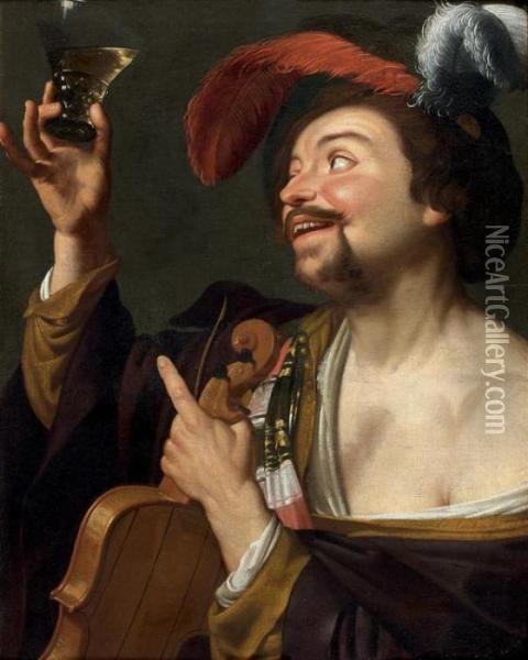 Violoniste Tenant Un Verre Oil Painting - Gerrit Van Honthorst