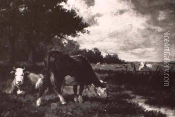 Cows At Pasture Oil Painting - Emile van Marcke de Lummen