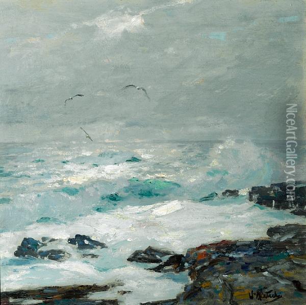 Surf Breaking On The Rocks With Sea Gulls Above Oil Painting - William Frederick Ritschel