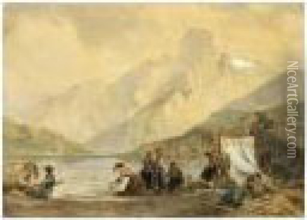 Women Washing Clothes In A Mountain Lake Oil Painting - Pierre-Henri-Theodore Tetar van Elven