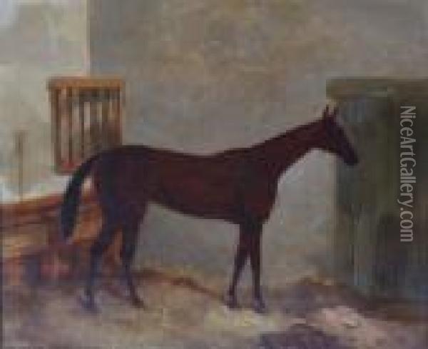 Bay Hunter In A Stable Oil Painting - Harry Hall