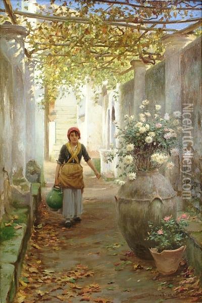 A Young Girl Carrying A Water Jug Oil Painting - Horace Fisher