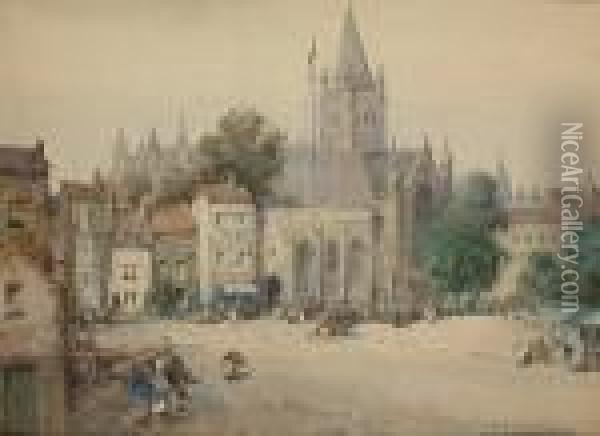 A Cathedral Within A Flemish Town Oil Painting - Noel Harry Leaver
