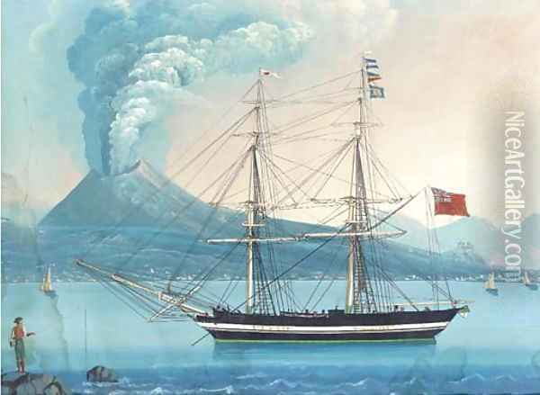An English merchantman lying at anchor in the Bay of Naples with Vesuvius erupting beyond (illustrated) Oil Painting - Neapolitan School