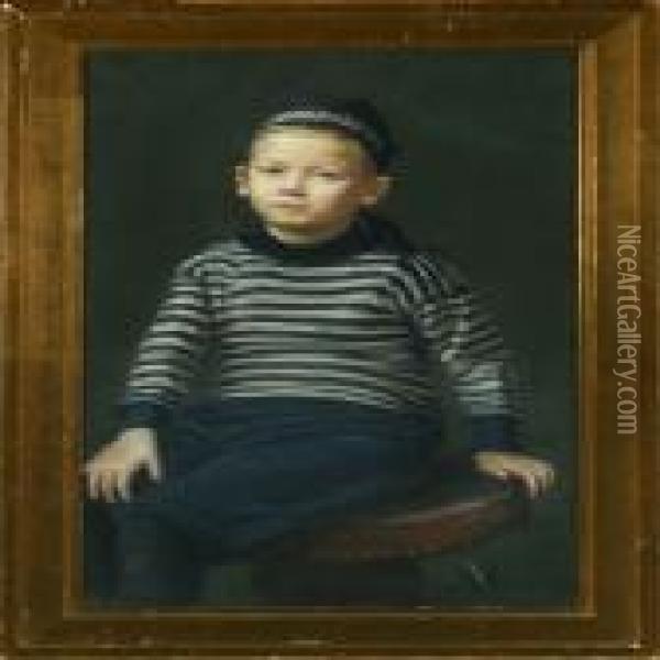 Portrait Of A Boy In A Blue Striped Sweater Oil Painting - Sigvard Hansen