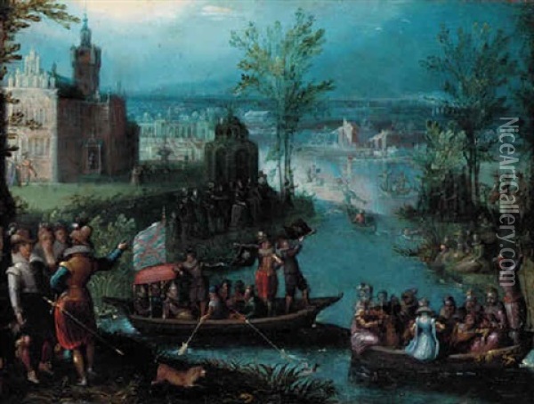 A River Landscape With Elegant Figures Boating Oil Painting - Louis de Caullery