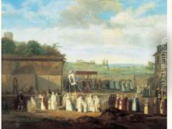 Une Procession Dans Un Village Des Environs De Paris. (louvre-en-parisis ?). Oil Painting - Philibert-Louis Debucourt