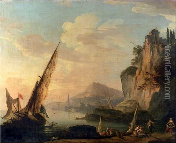 Scene De Port Mediterraneen Par Beau Temps Oil Painting - Jean Jacques Francois Taurel