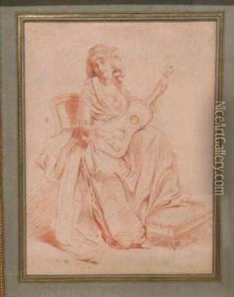 A Young Woman Playing A Guitar Oil Painting - Michel Garnier