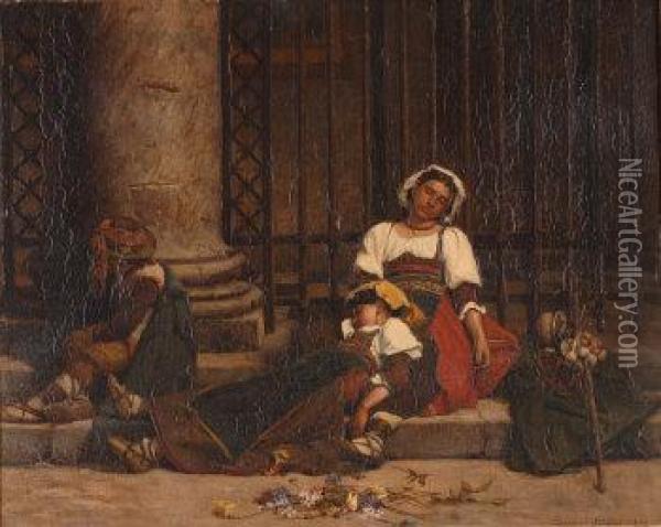 Gypsy Children Asleep On The Steps Of A Church Oil Painting - Edmond Lebel