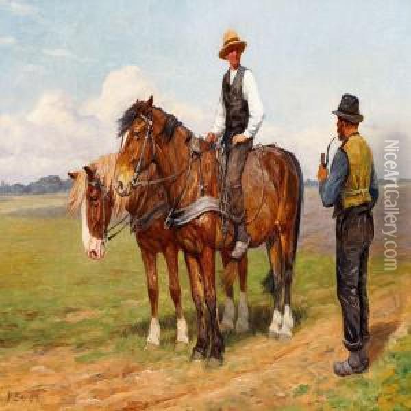 Two Farmers Chatting In The Field Oil Painting - Poul Steffensen