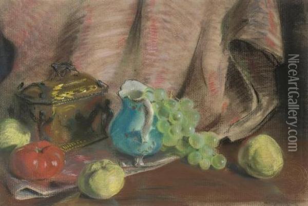 A Blue Jug, Grapes, Apples And A Tea Caddy On A Draped Table Oil Painting - Alfred Alexandrovich Girv
