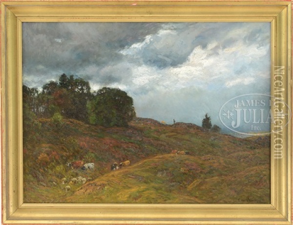 Landscape With Cows & Sheep Under Stormy Sky Oil Painting - John Joseph Enneking
