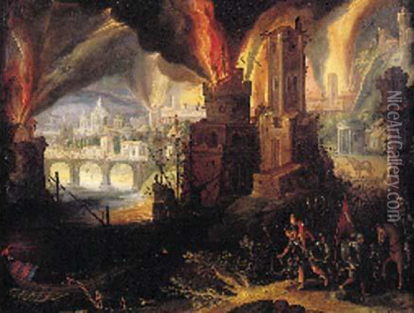 Scene De Nuit Avec Un Incendie De Ville Oil Painting - Pieter Schoubroeck