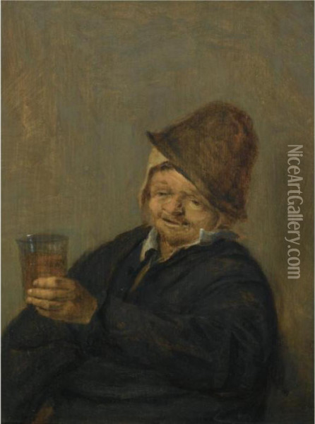 A Study Of An Elderly Peasant, Seated, Holding A Beer Glass Oil Painting - Isaack Jansz. van Ostade