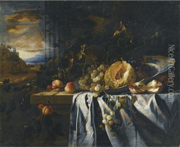 Still Life With A Melon In A Porcelain Bowl Together With Grapes Oil Painting - Gregorius De Coninck
