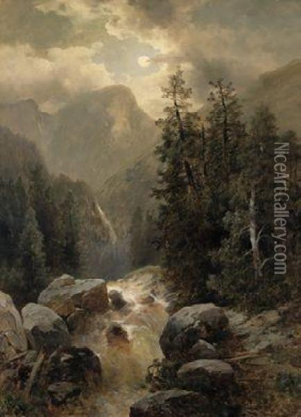 Eine Mondnacht Im Gebirge Oil Painting - Josef Thoma