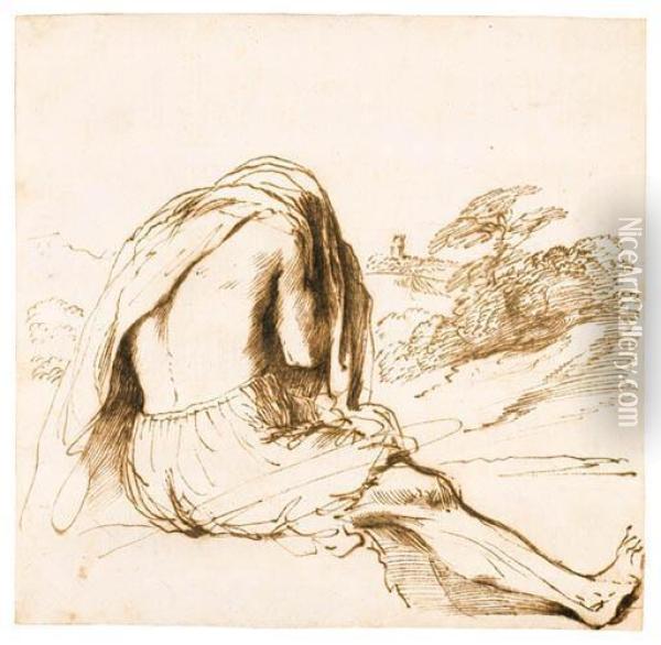 Barbieri, G.f.
A Bather Seated On A River Bank, Pulling Off His Shirt
Pen And Brown Ink, Minor Ink Gall Damages Repaired, Watermarkencircled Calvary Under P Oil Painting - Guercino