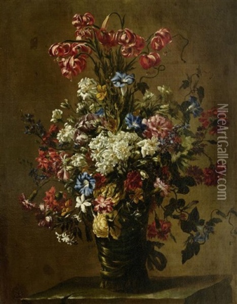 Gebundener Blumenstrauss Auf Einer Steinplinthe Oil Painting - Mario Nuzzi