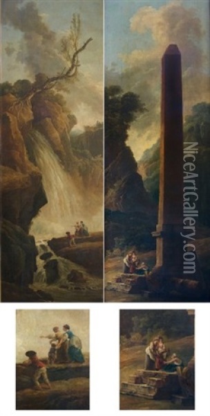 Promeneurs Pres D'une Cascade Pres De Tivoli (+ Lavandieres Pres De L'obelisque; Pair) Oil Painting - Hubert Robert