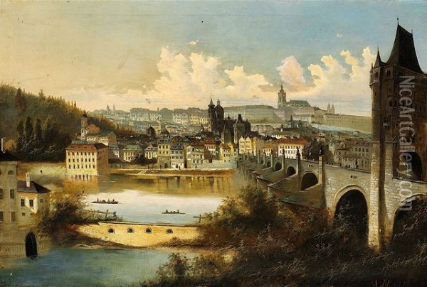 View Of Prague With The Charles Bridge Crossing The Vltava River Oil Painting - Adam Muller