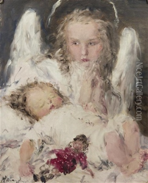 Angel And Child Oil Painting - Aurel Naray
