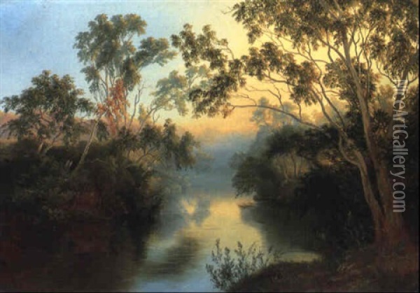 The Yarra River, Studley Park At Sunrise Oil Painting - Nicholas Chevalier