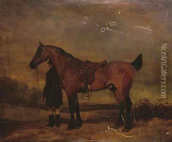 Portrait of a hunter and groom, in an extensive landscape Oil Painting - Abraham Cooper