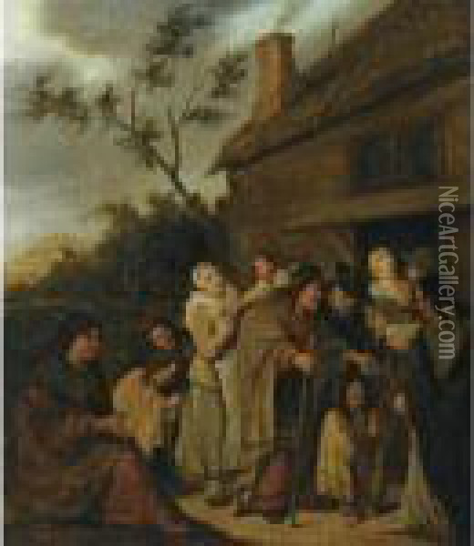 A Group Of Beggars Outside A Tavern Oil Painting - Jan Miense Molenaer