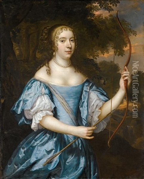 Portrait Of A Lady As Diana, Three-quarter Length, Wearing A Blue Silk Dress And A Pearl Necklace, And Holding A Bow And Arrow Oil Painting - Jan Mytens