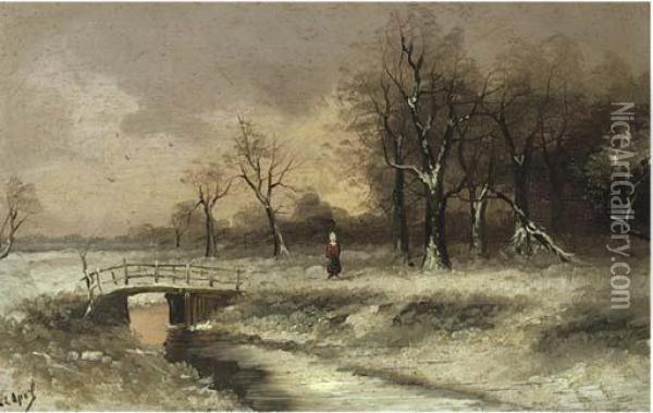 A Figure Walking Beside A Stream Oil Painting - Louis Apol