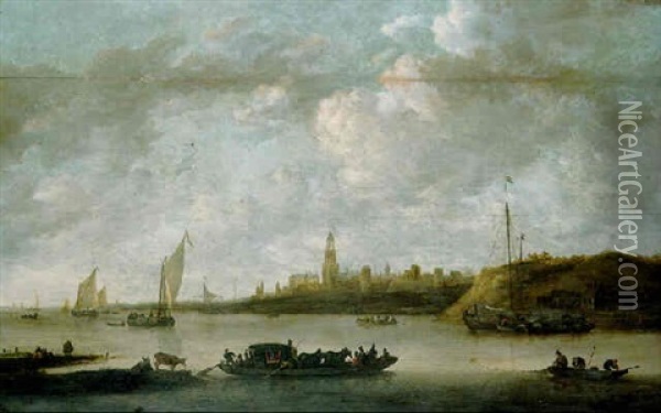 A View Of Rhenen With A Ferryboat Oil Painting - Jeronymus Van Diest