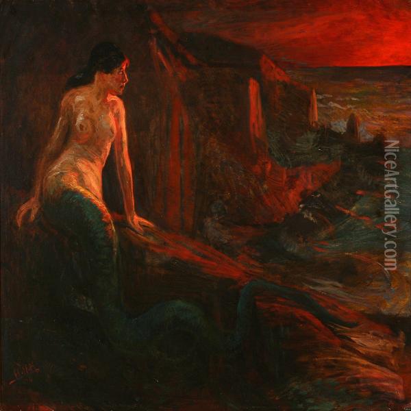 A Mermaid In The Sunset Oil Painting - Hans Nikolaj Hansen