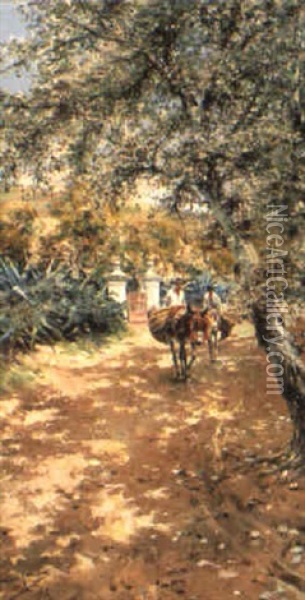 Mule Pack On A Shaded Country Road Oil Painting - Manuel Garcia y Rodriguez