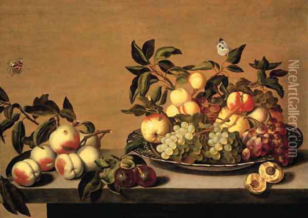 Fruit Grapes, peaches, apples and a pearon a Waanli 'kraak' porselein plate, with other fruit on a ledge Oil Painting - Bartholomeus Assteyn