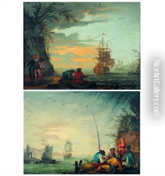 Scene De Ports Mediterraneens Animes De Pecheurs (pair) Oil Painting - Dominique Joseph Vanderburch