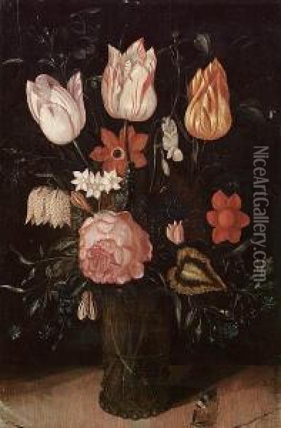 A Rose, Tulips, Forget-me-nots 
And Other Flowers In A Glass Vase On A Ledge With A Butterfly Oil Painting - Ambrosius the Elder Bosschaert