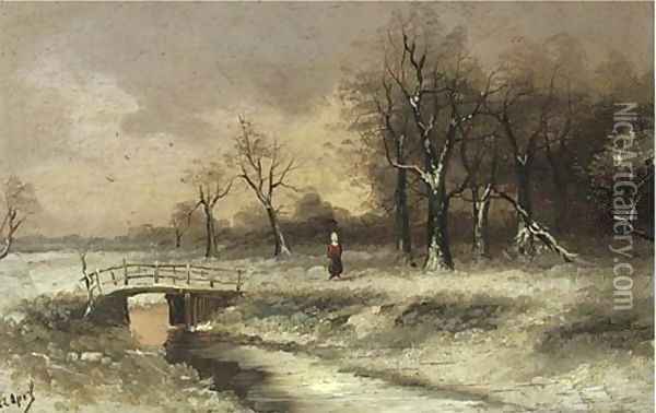 A figure walking beside a stream, in a snowy landscape Oil Painting - Louis Apol