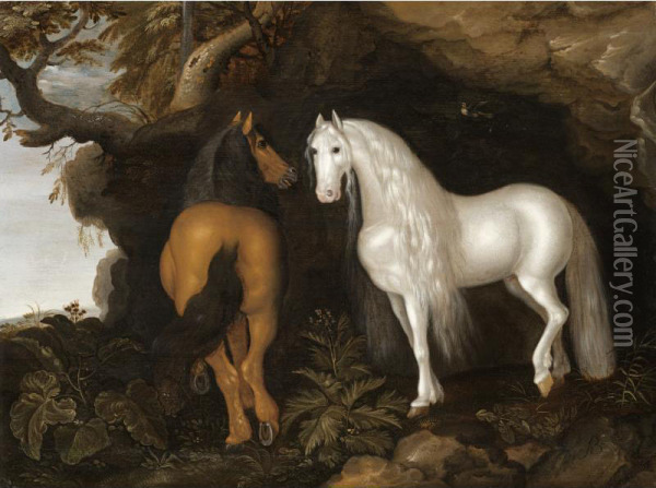 Two Horses Standing In A Wooded Landscape, Before A Cave Oil Painting - Abraham Bosschaert