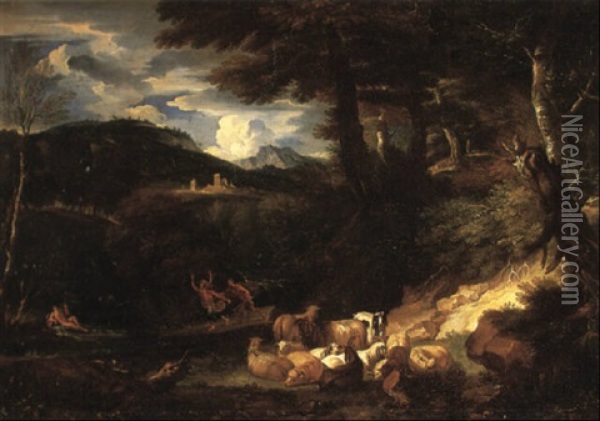 Pan And Syrinx In A Southern Landscape, With Sheep And Goats In The Foreground Oil Painting - Pieter Mulier the Younger